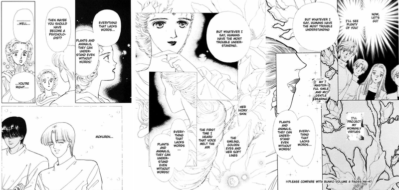 Flashbacks depicting the same word for word scene from 3 perspectives, as included in (from left) Vol. 3, 6, 15.